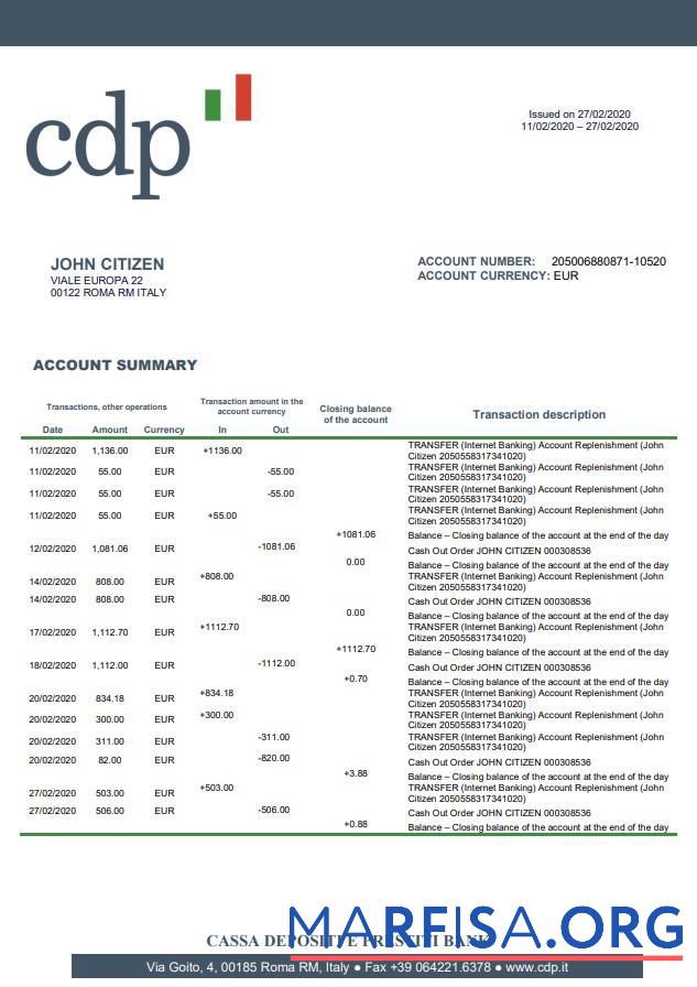Printable Italy Cassa Depositi e Prestiti bank statement word example